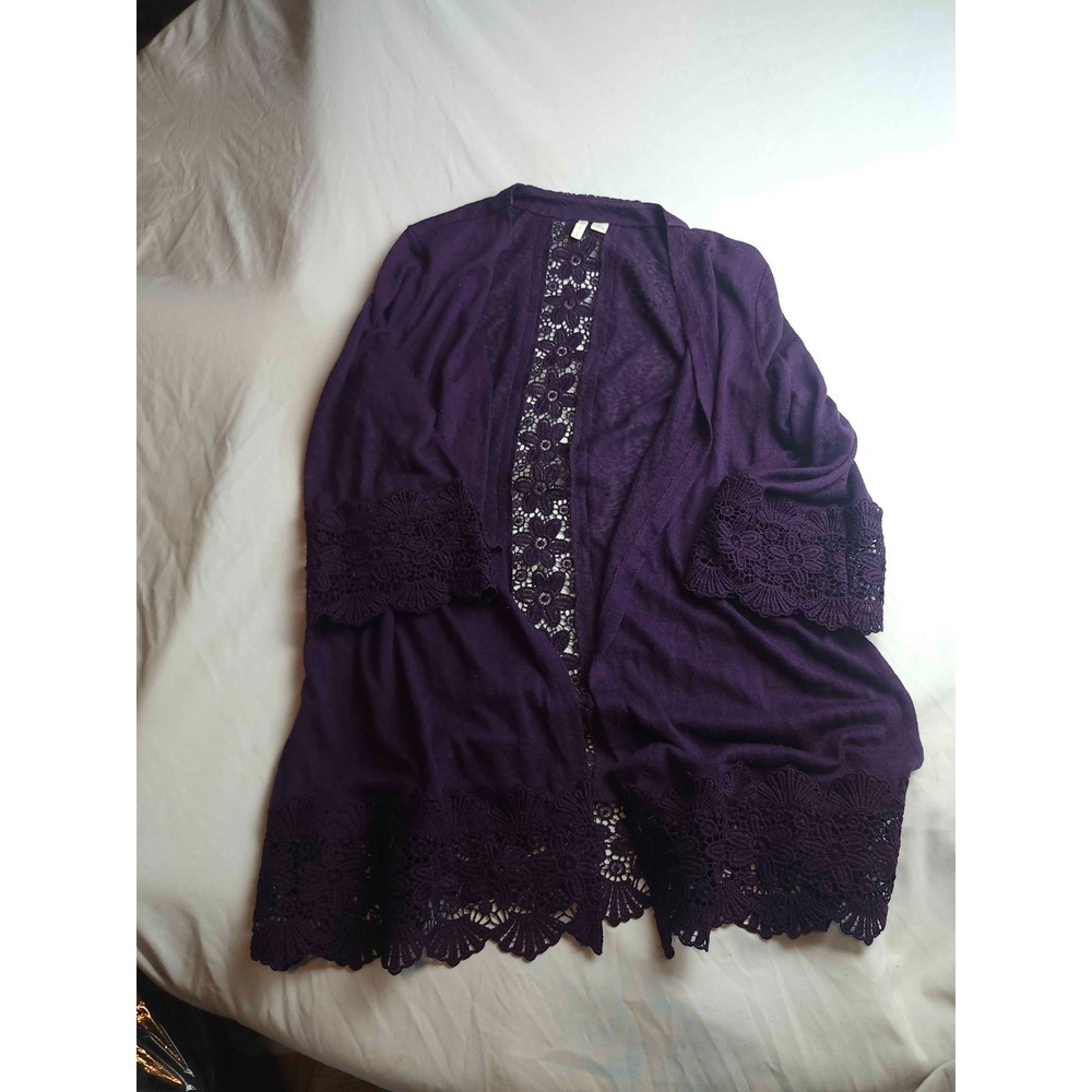 Cato Cardigan Sweater Womens Small Purple Knit Open Front Crochet Lace Bohemian